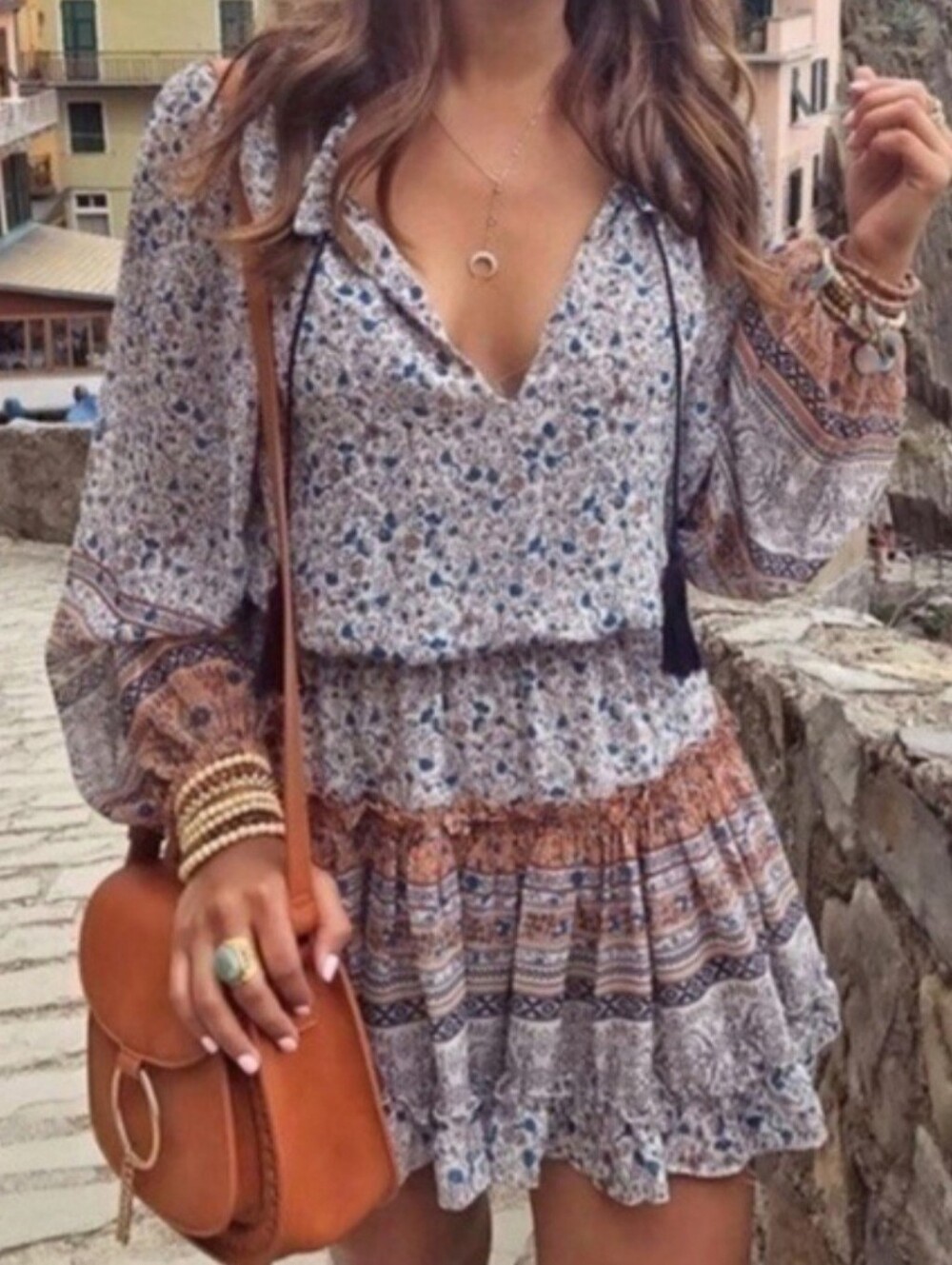 MISA Los Angeles Small Lorena Floral Print Chiffon Split Neck Dress